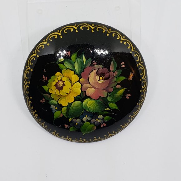 Agapov I. Khabarovsk 1992 Russia Rose Bouquet Hand Painted Wood Brooch Pin - Picture 8 of 9